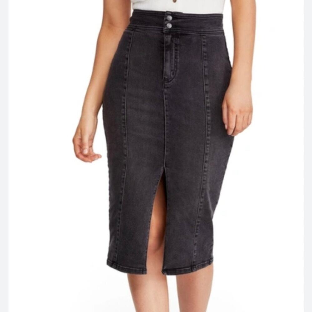FREE PEOPLE | Maddie‎ Denim Midi Skirt Front Slit Black Jean Pencil | 28, 6